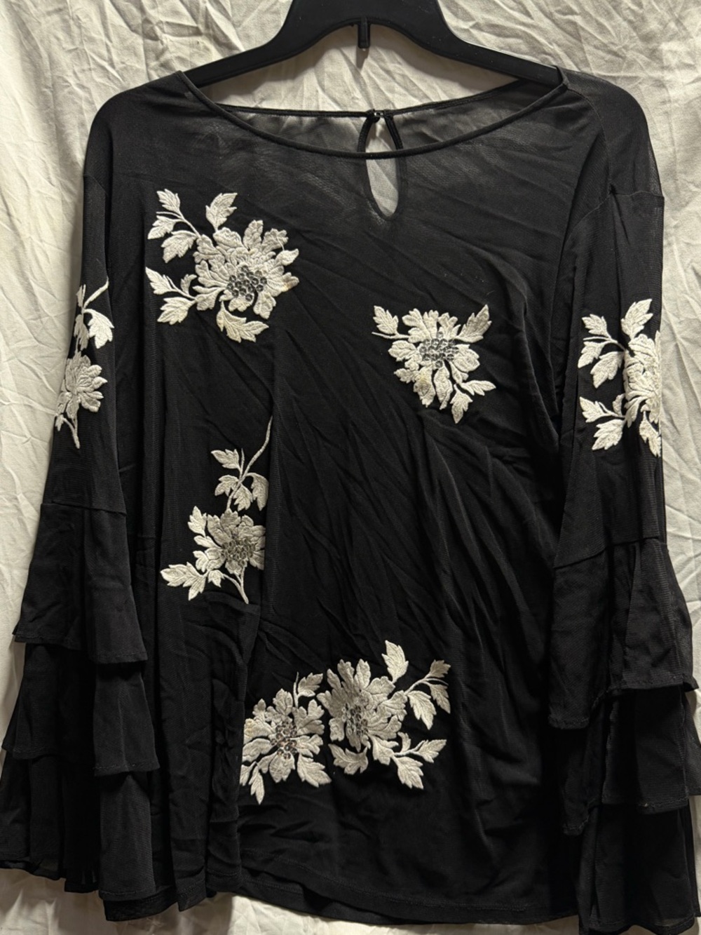 Black Floral Embroidered Bell-Sleeve Blouse